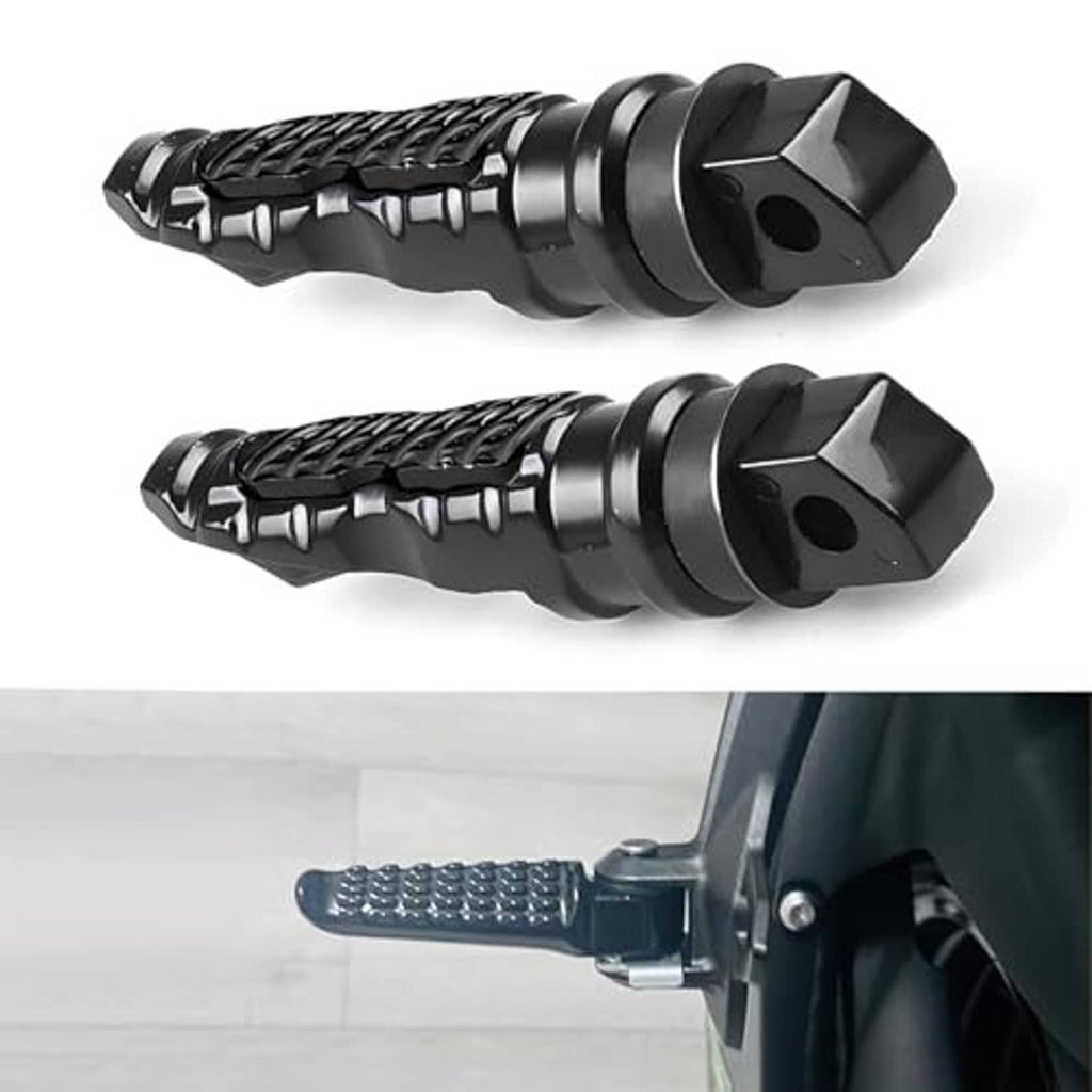 Black motorcycle rear footpegs, one shown installed on a bike frame
