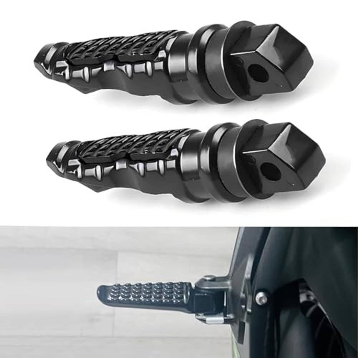 Black motorcycle rear footpegs, one shown installed on a bike frame
