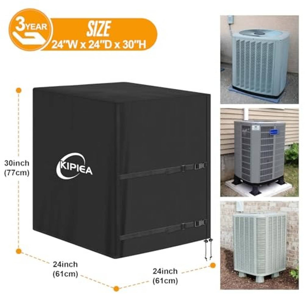 Black outdoor AC unit cover with size callout 24x24x30in and protective fit