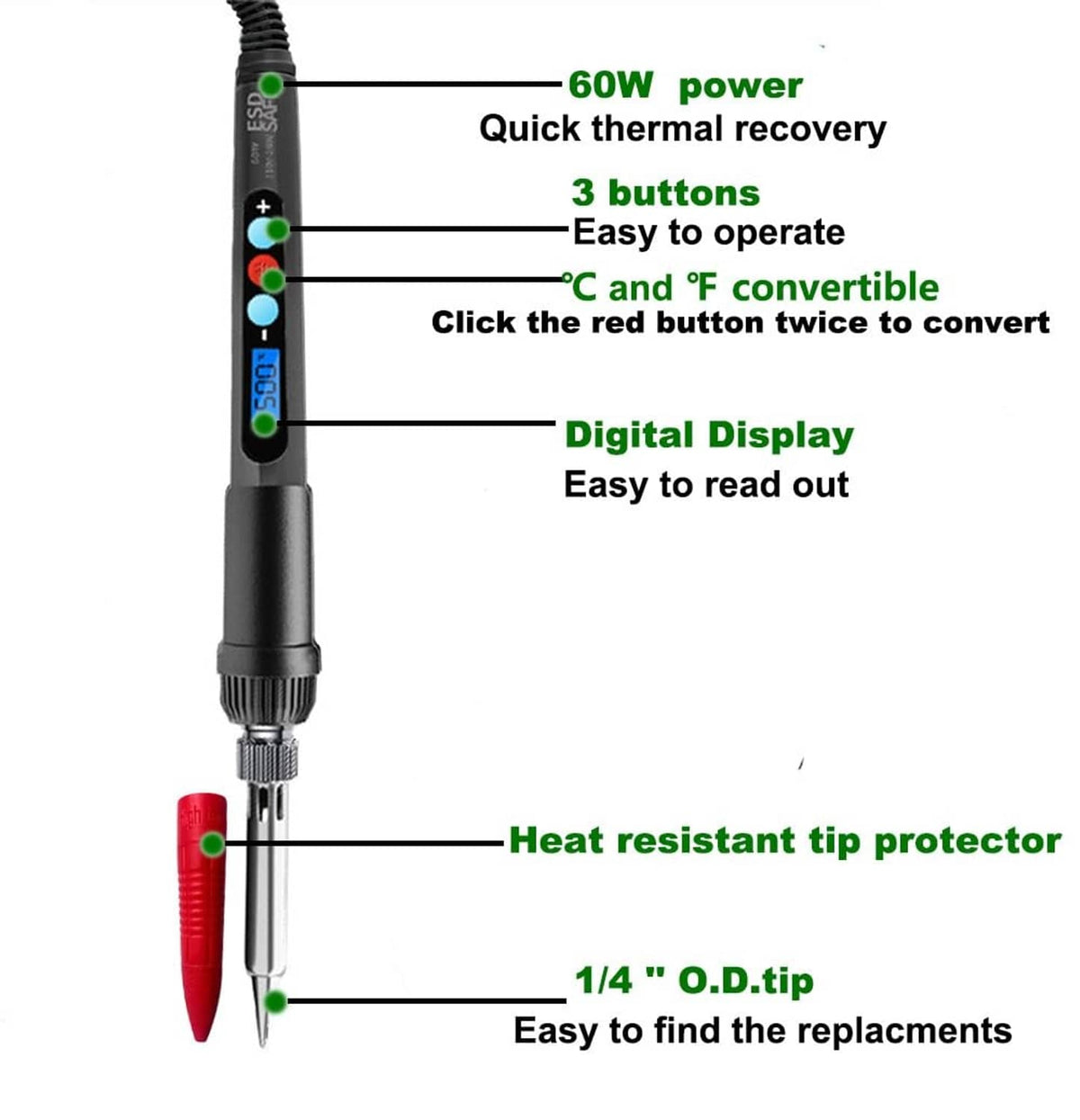 Digital display soldering iron handle with 3 buttons and black power cord
