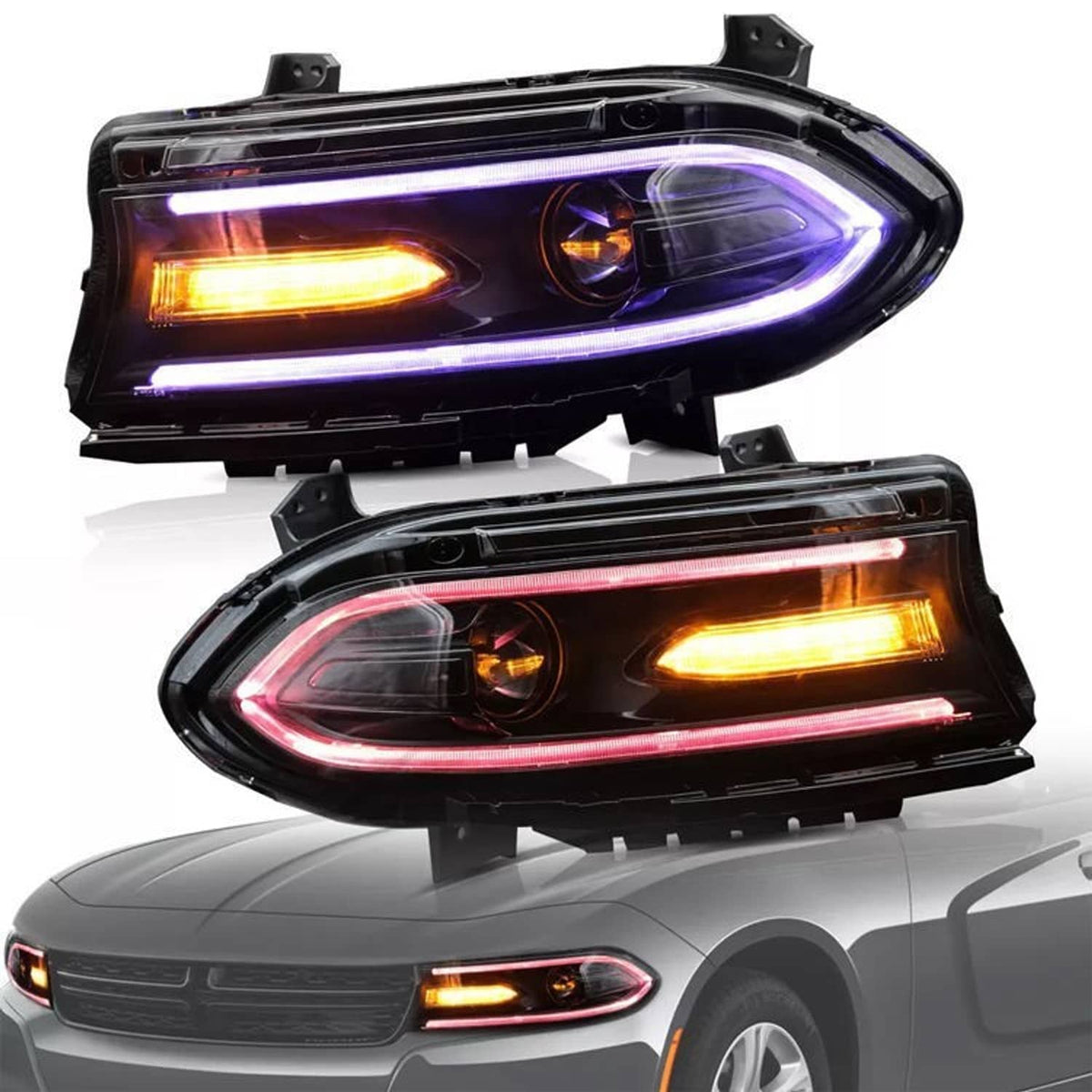 RGB LED projector headlights pair with purple and pink light strip glow