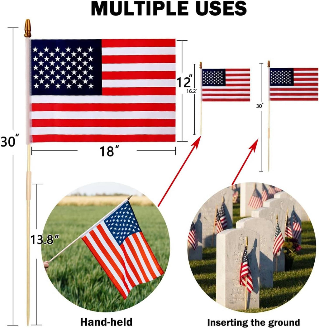 Small American flag lawn flag with wooden stake, red and white stripes, blue stars
