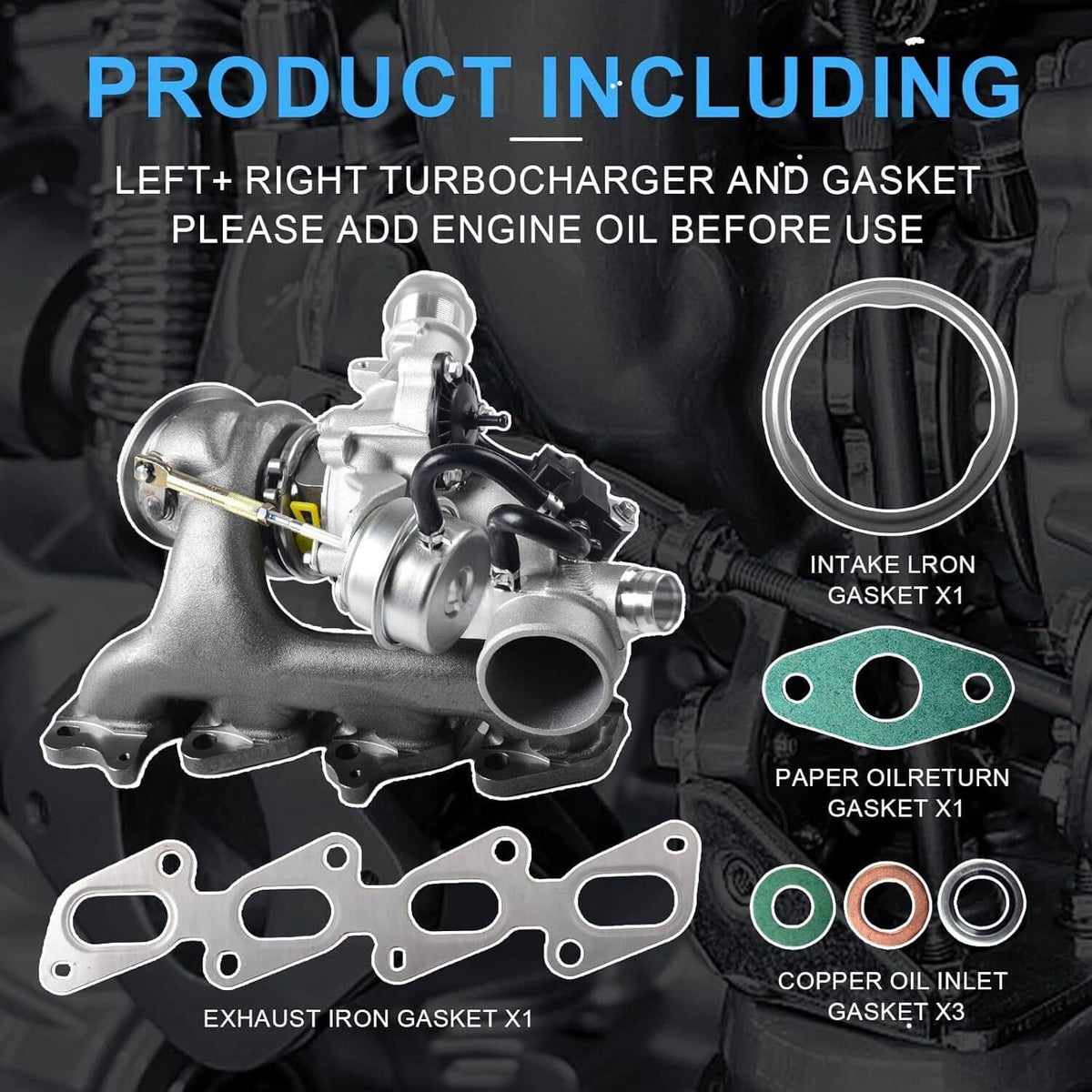 Package contents graphic showing turbocharger and included gaskets and O-rings
