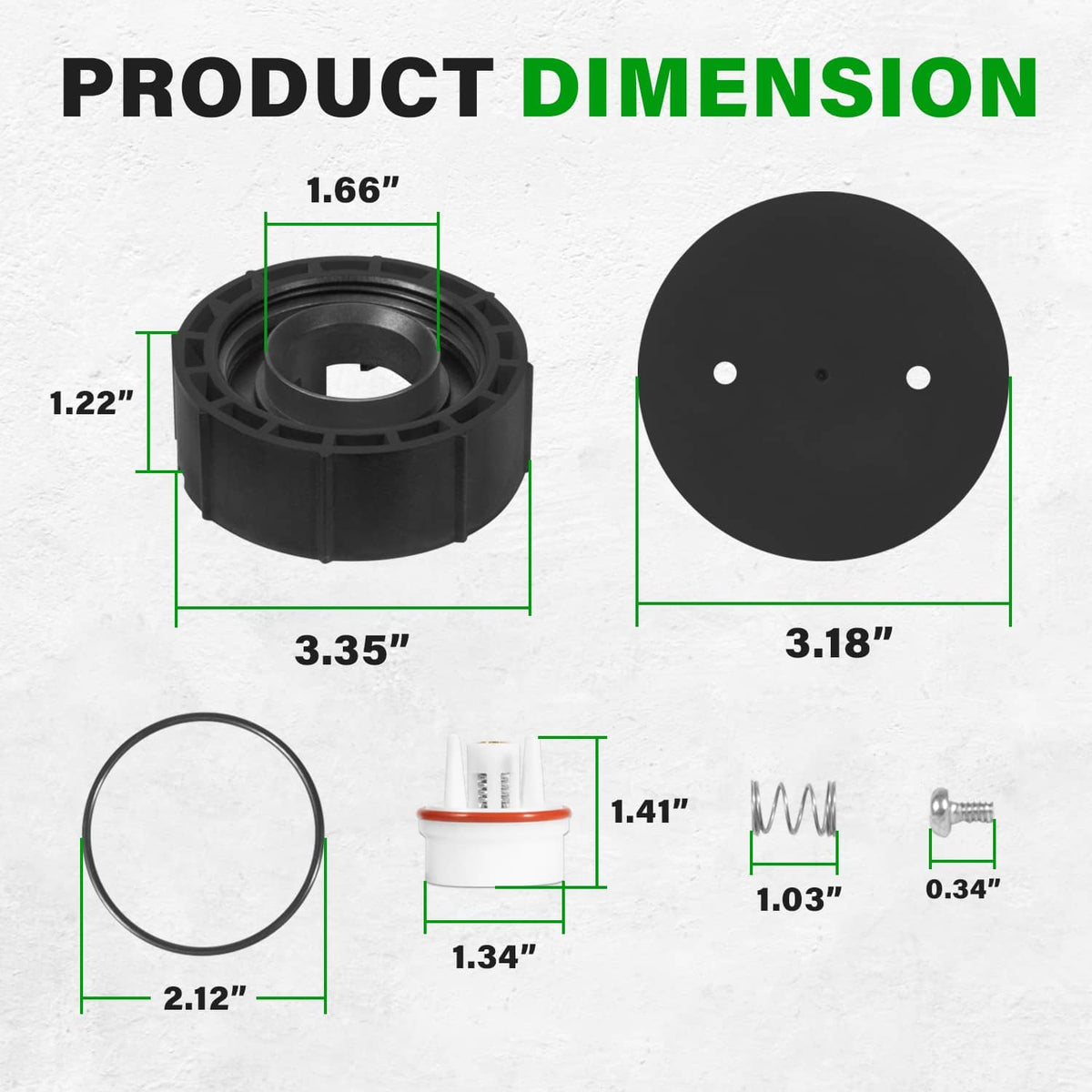 1-inch freeze-resistant retrofit kit dimensions: black hood, bonnet, o-ring, vent float