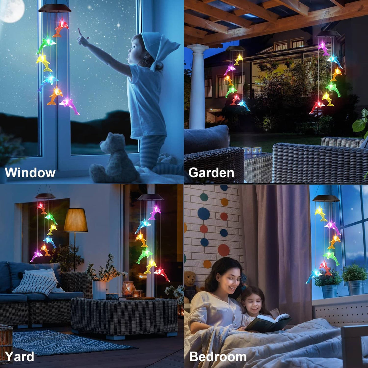 Solar dolphin wind spinner string lights with multicolor glow on patio at night
