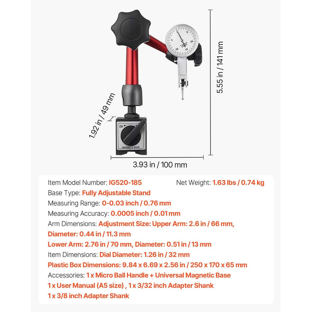 Dial test indicator assembly with red post, black knobs, white gauge dial, and magnetic base