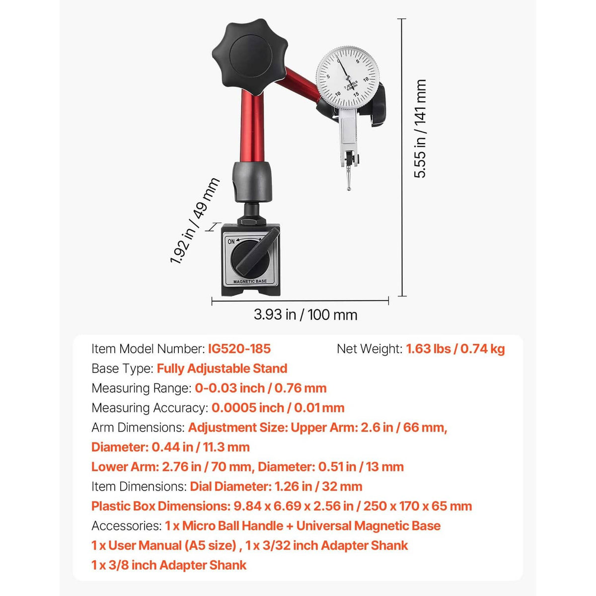 Dial test indicator assembly with red post, black knobs, white gauge dial, and magnetic base
