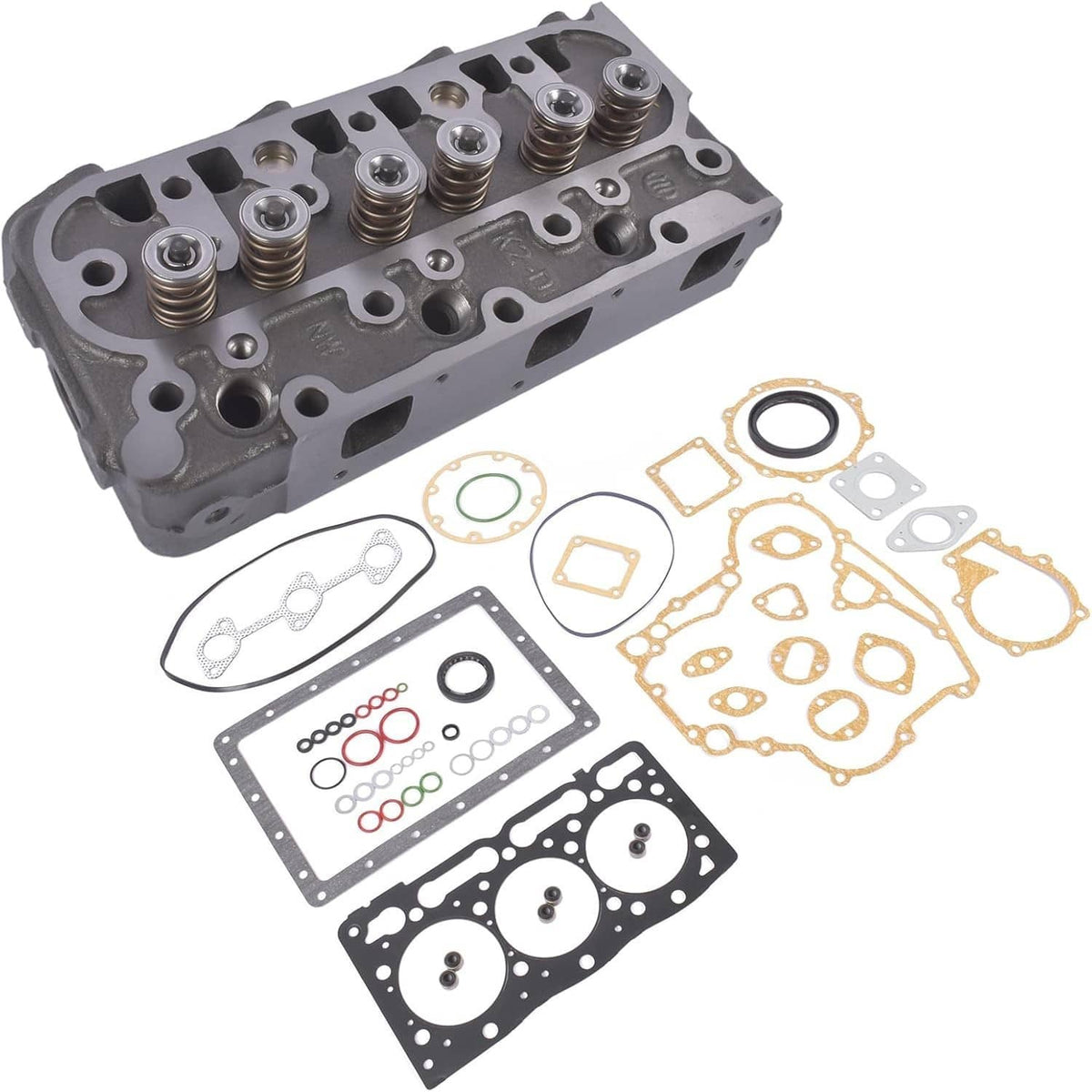 Cylinder head gasket kit with gray head casting and gasket components laid out
