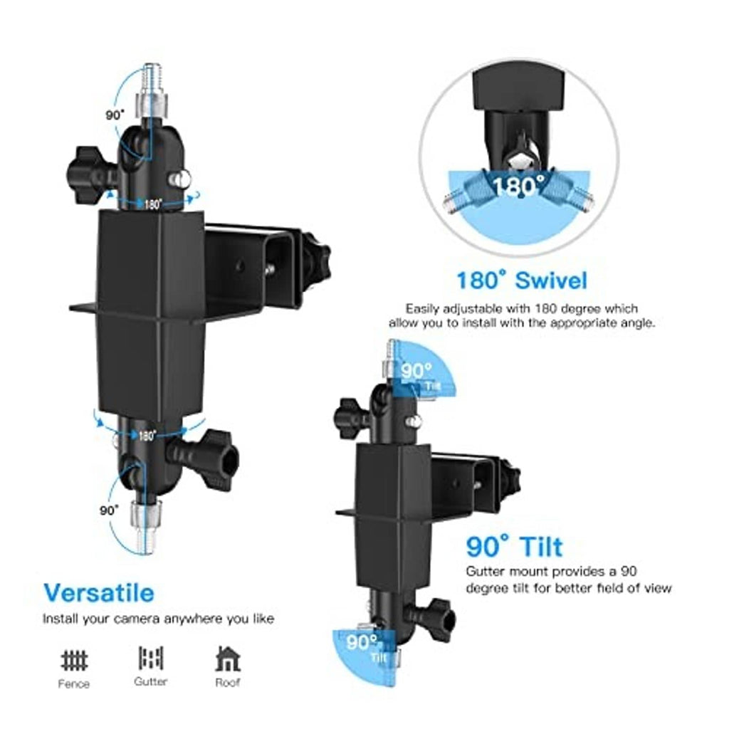 Adjustable black gutter mount with solar panel and swiveling camera bracket