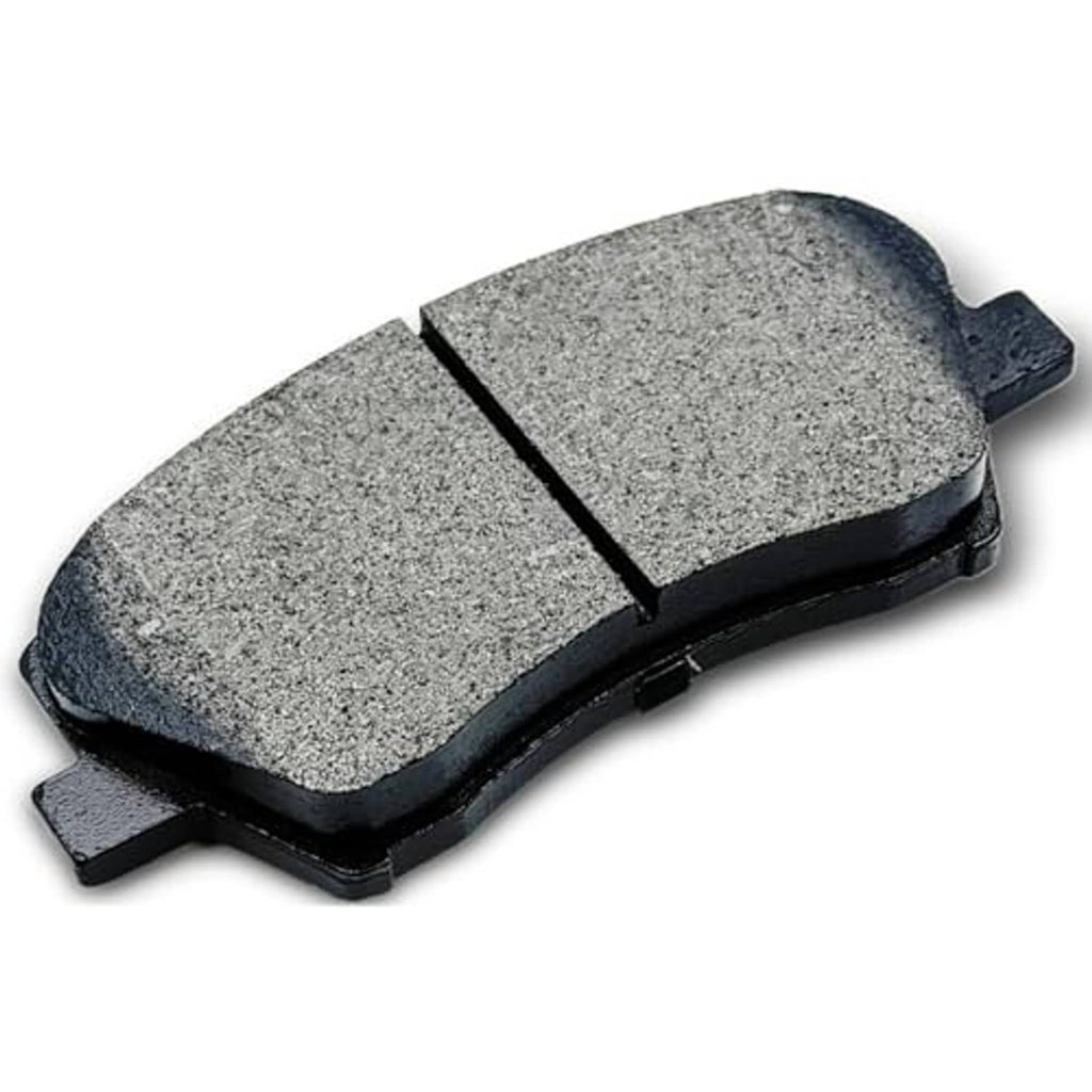 Gray ceramic brake pad with black backing, center seam, metal clip on side