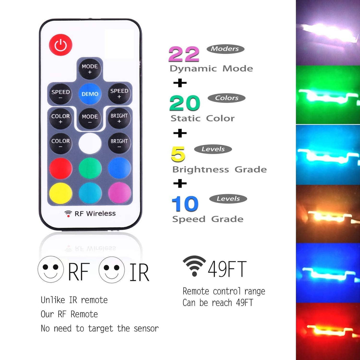 Wireless RF remote with multiple LED color and mode buttons and light bar colors