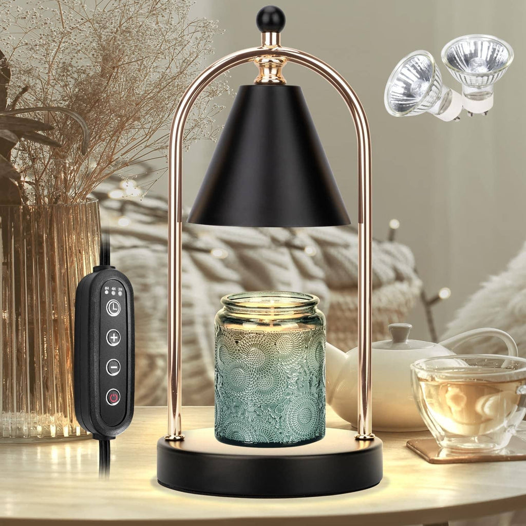 Electric candle warmer lamp with black shade, gold arch frame, and teal jar candle warmer