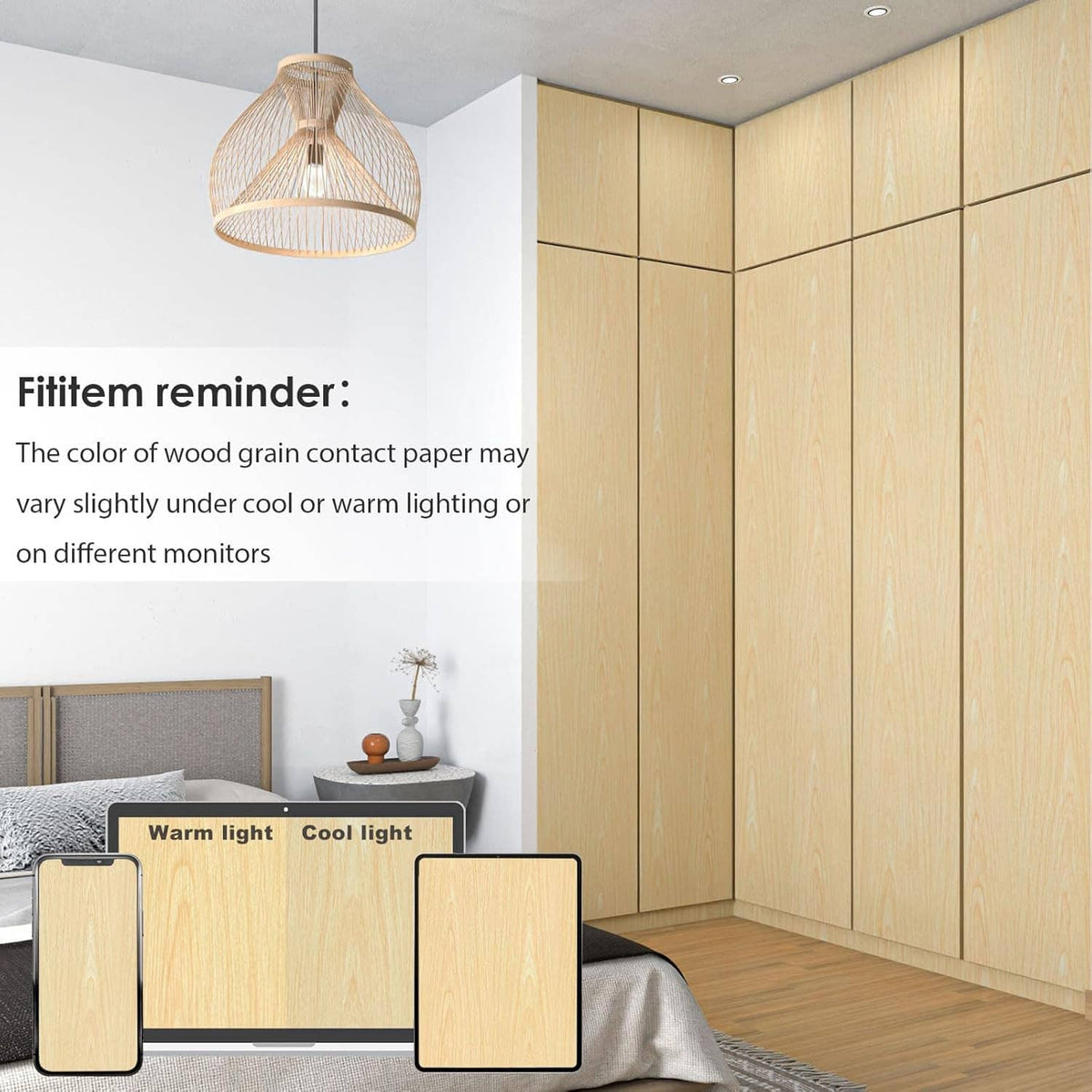 Light wood grain wallpaper panels on a room wall with vertical wood texture