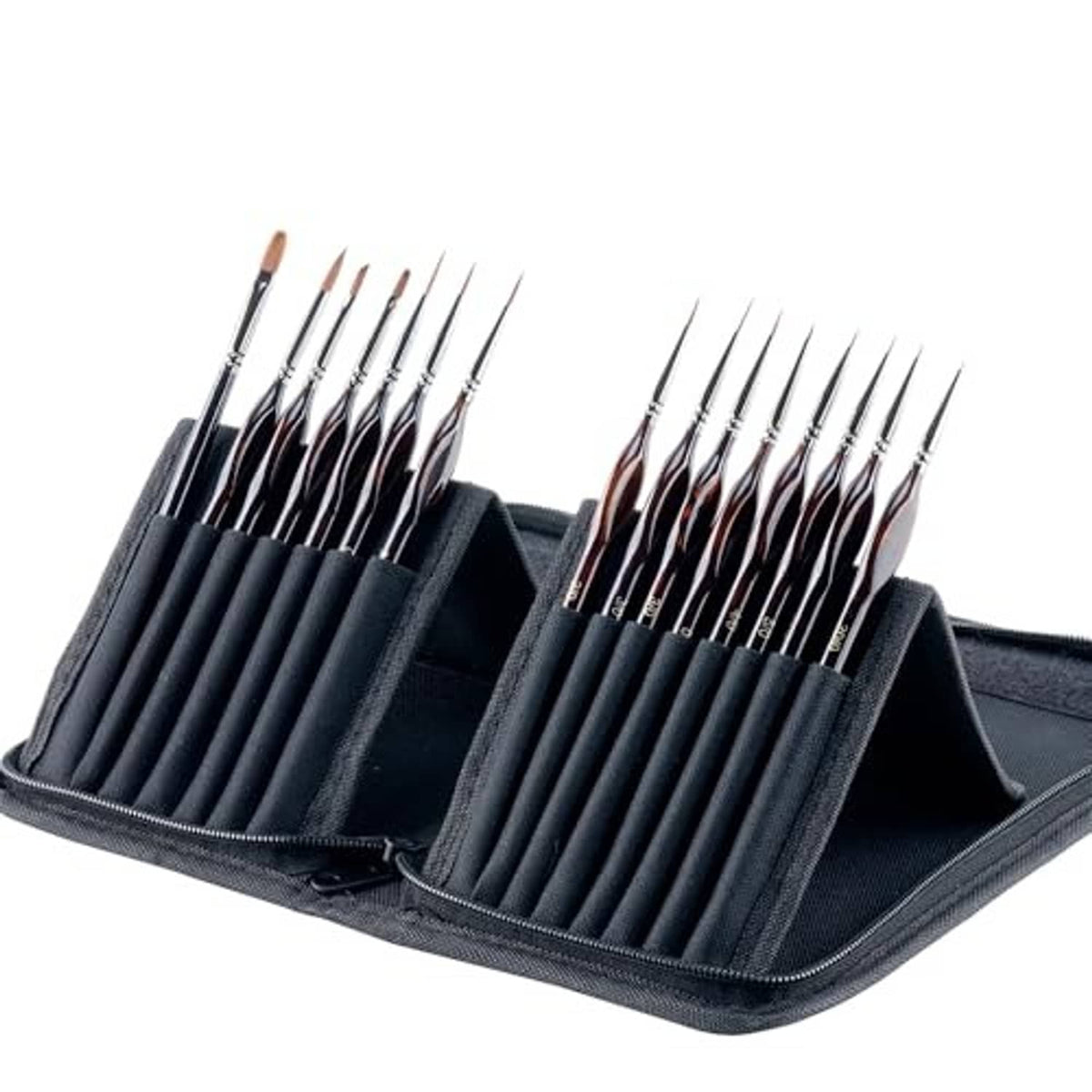 15-piece artist detail paint brush set with case, brushes organized in two rows