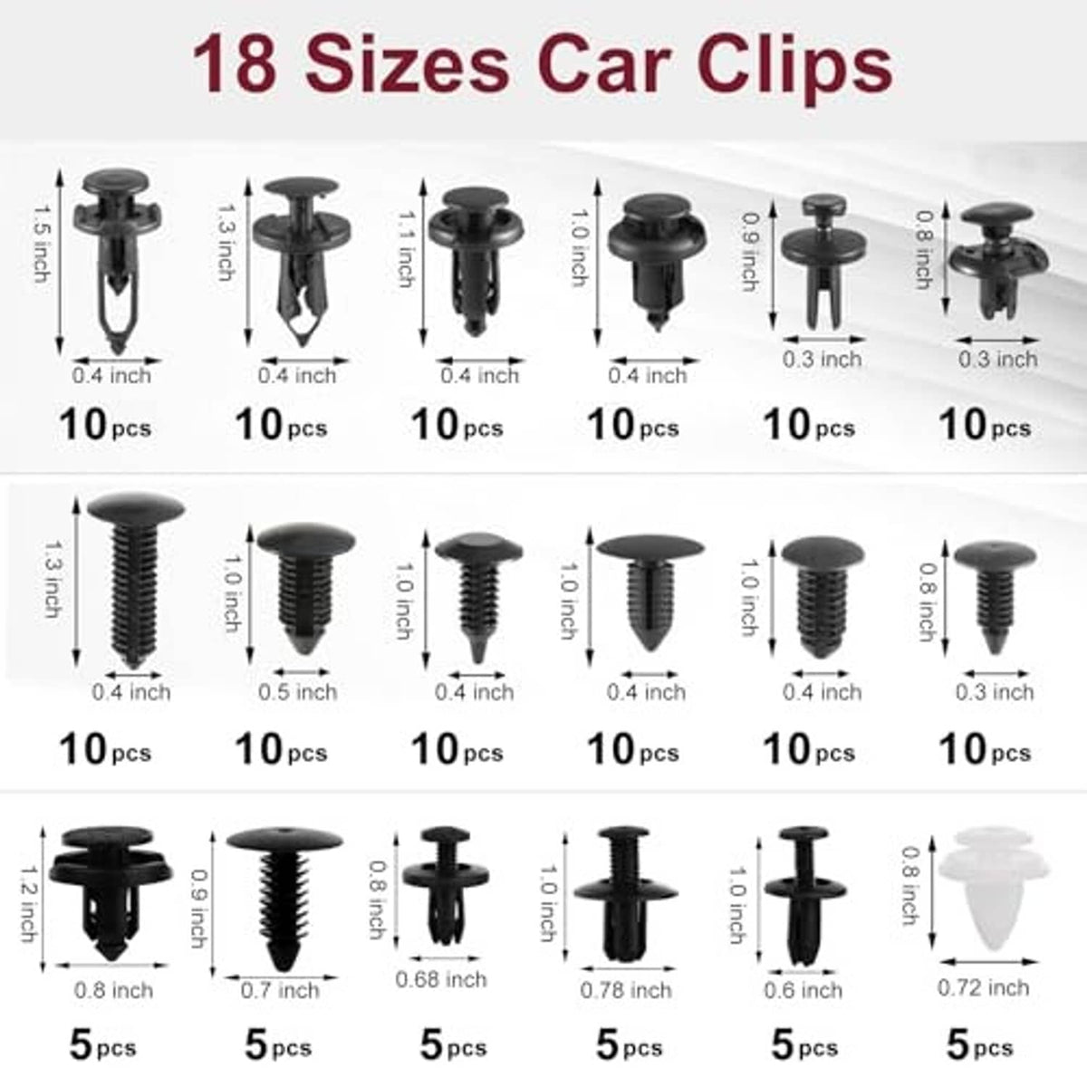 Car clip assortment with various screw-style fasteners and retaining pins