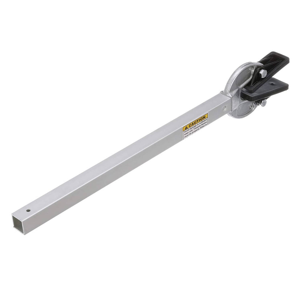 Adjustable transom saver bar with silver pivot clamp and black securing pads