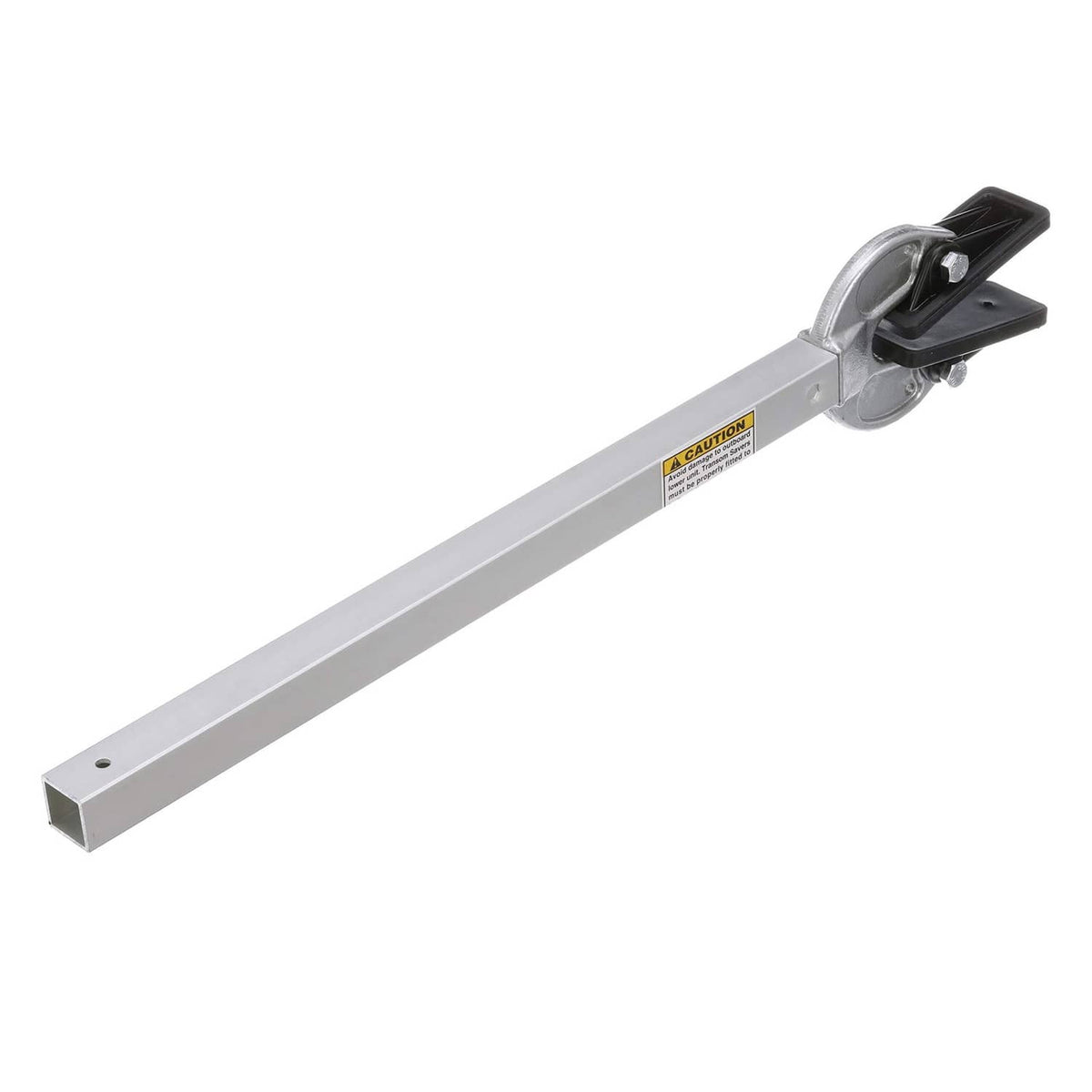 Adjustable transom saver bar with silver pivot clamp and black securing pads