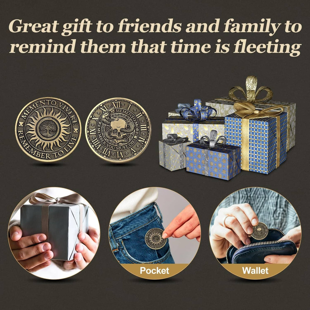 Copper memento mori coins shown with gift boxes and pocket/wallet use