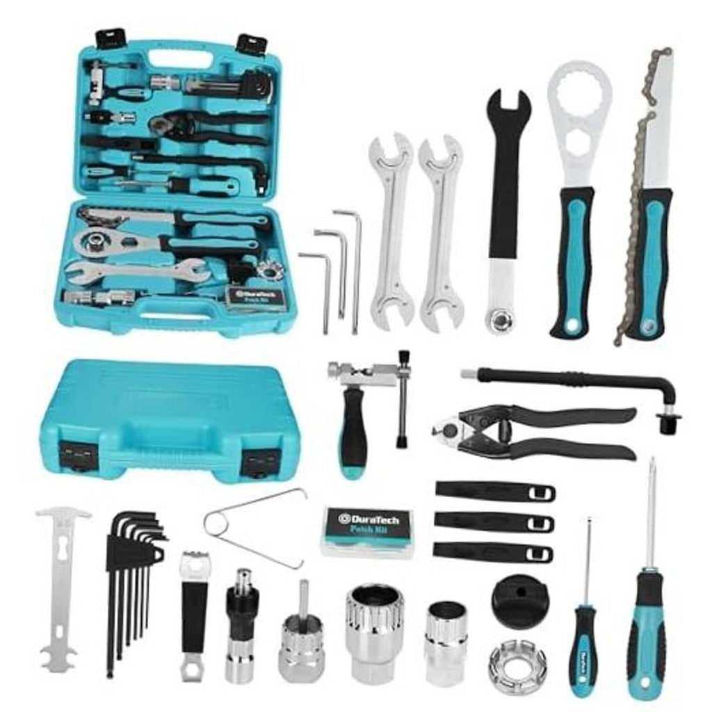 Teal bike repair tool kit case with assorted wrenches, bits, and screwdrivers