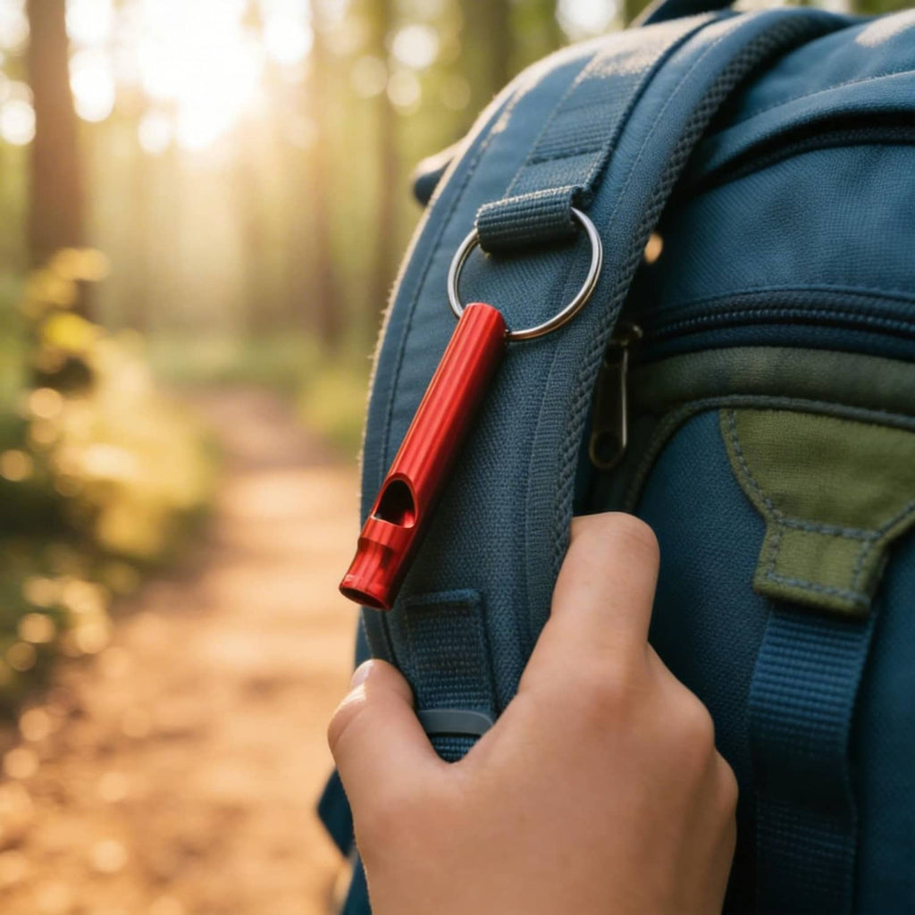 Red aluminum signal whistle keychain attached to a backpack strap with metal ring