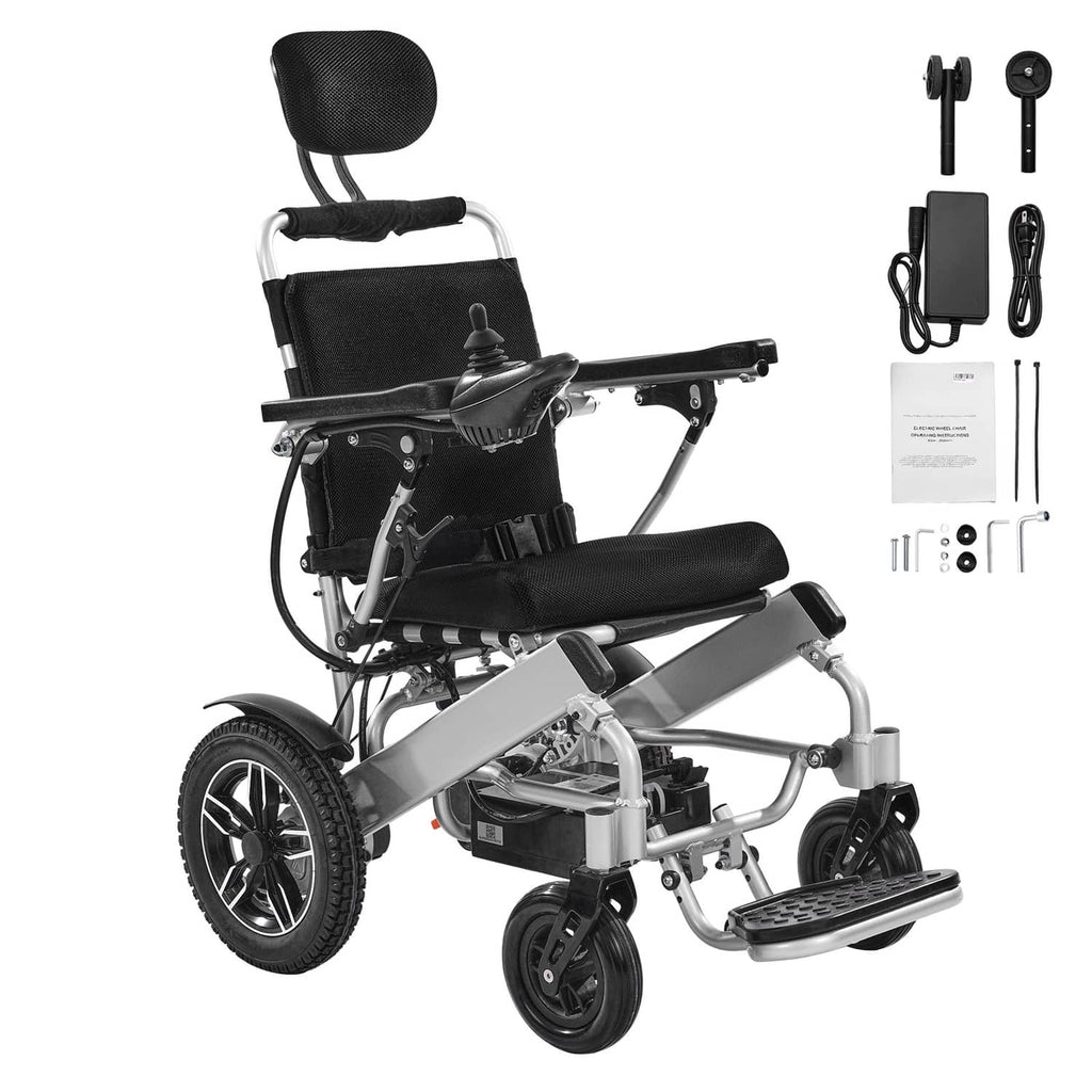 Electric wheelchair with black seat and backrest; silver frame with included accessory set.
