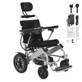 Electric wheelchair with black seat and backrest; silver frame with included accessory set.