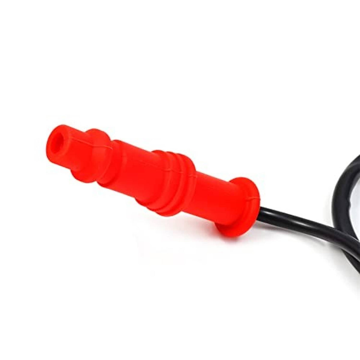 Red spark plug wire connector with black cable end