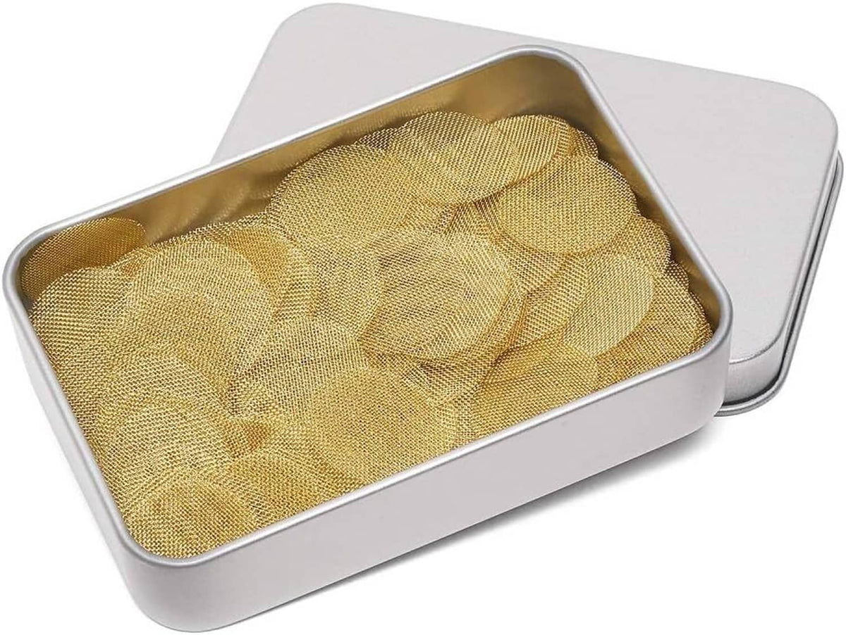 Brass pipe screen discs in metal storage box, 0.5 inch gold mesh