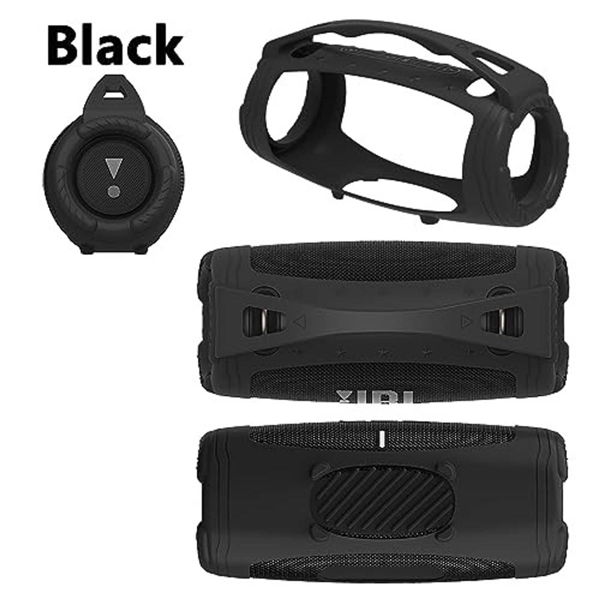 Black silicone case with front grip and button cutouts for speaker