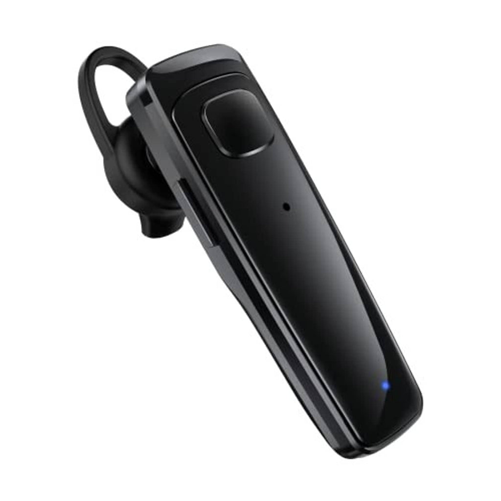Black Bluetooth earpiece headset with ear loop and microphone boom.