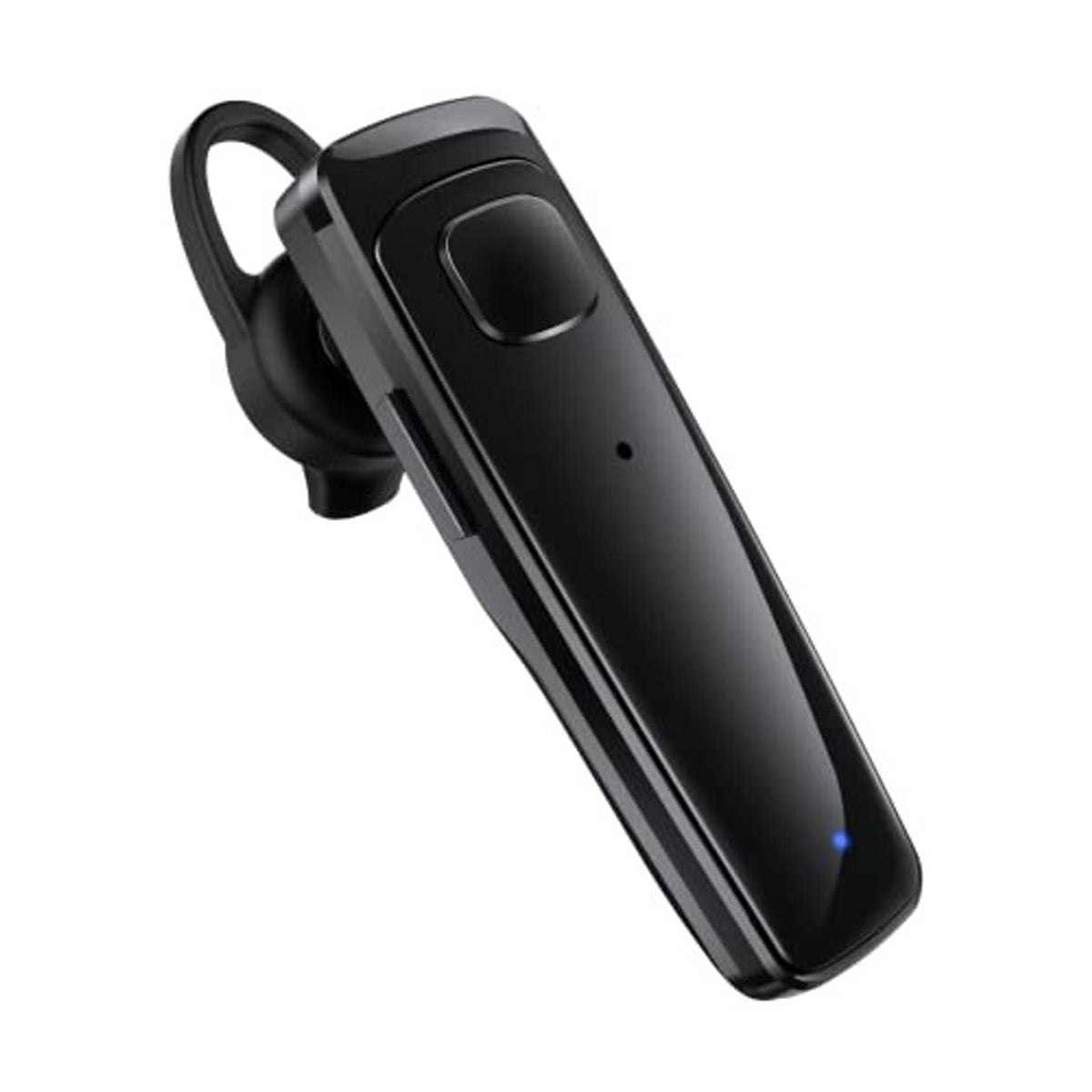 Black Bluetooth earpiece headset with ear loop and microphone boom.