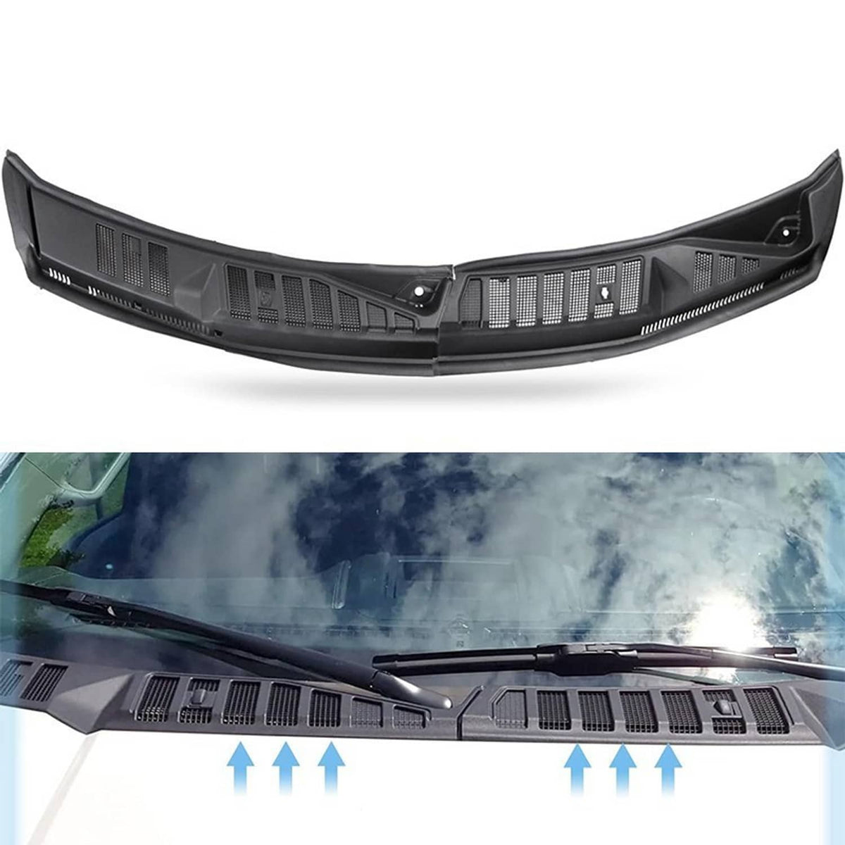 Windshield wiper cowl grille with vent channels and airflow arrows