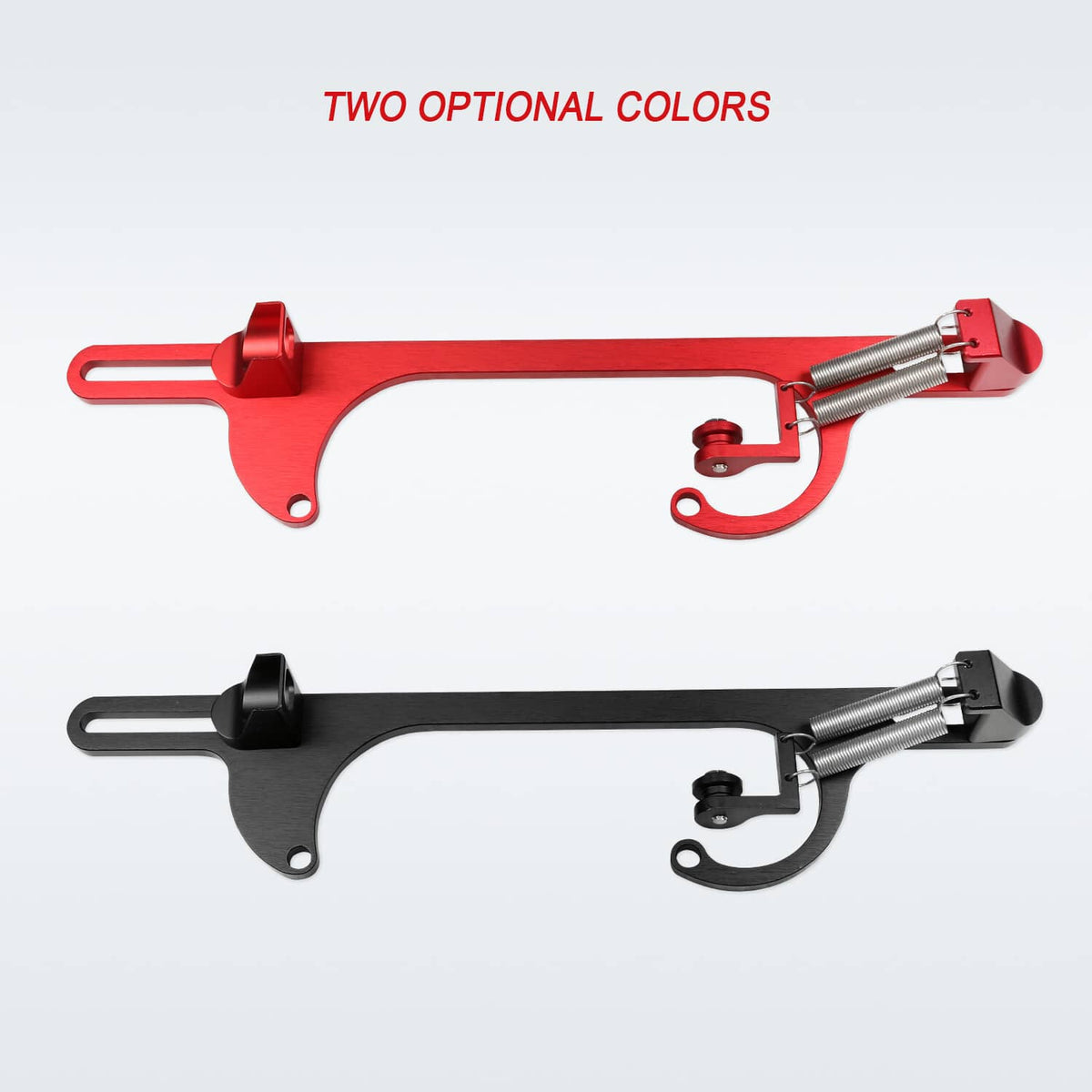 Throttle cable bracket in red finish with matching silver spring and mounting plate