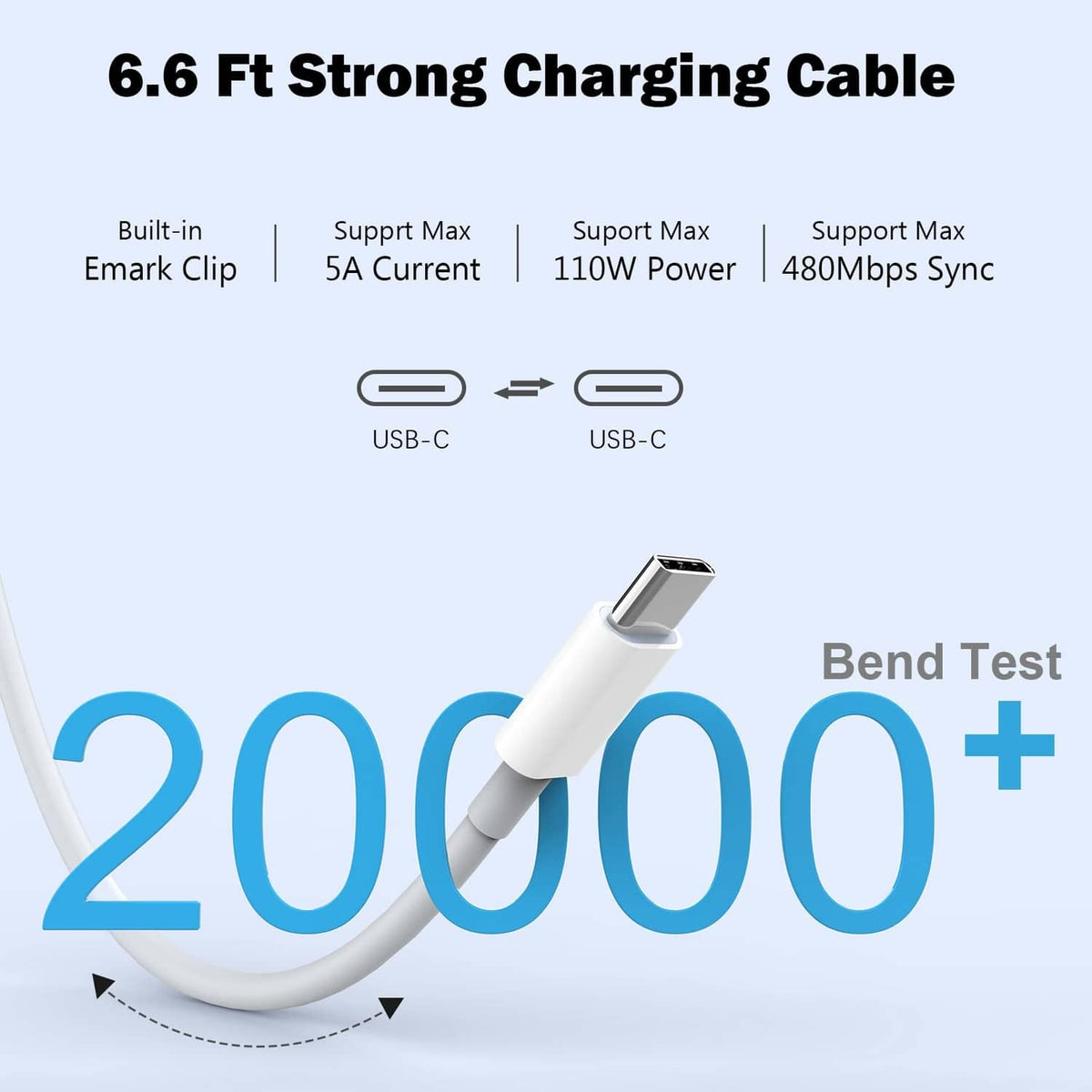 White USB-C charging cable with reinforced connector, bend-tested style
