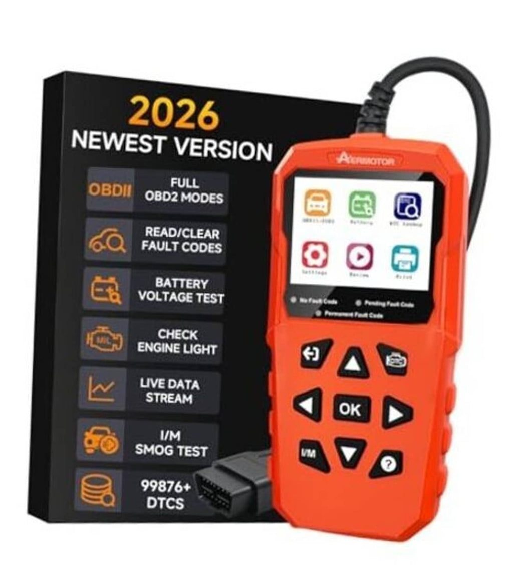 Orange handheld OBD2 car diagnostic scanner with screen, buttons, and OBDII cable