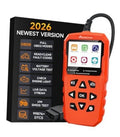 Orange handheld OBD2 car diagnostic scanner with screen, buttons, and OBDII cable