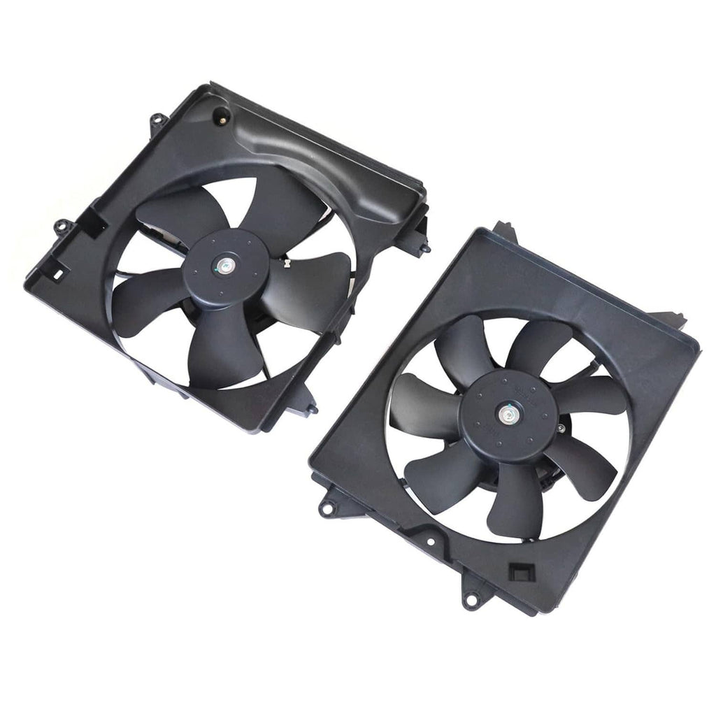 AC condenser radiator cooling fan assembly, two angled black shrouded fan units