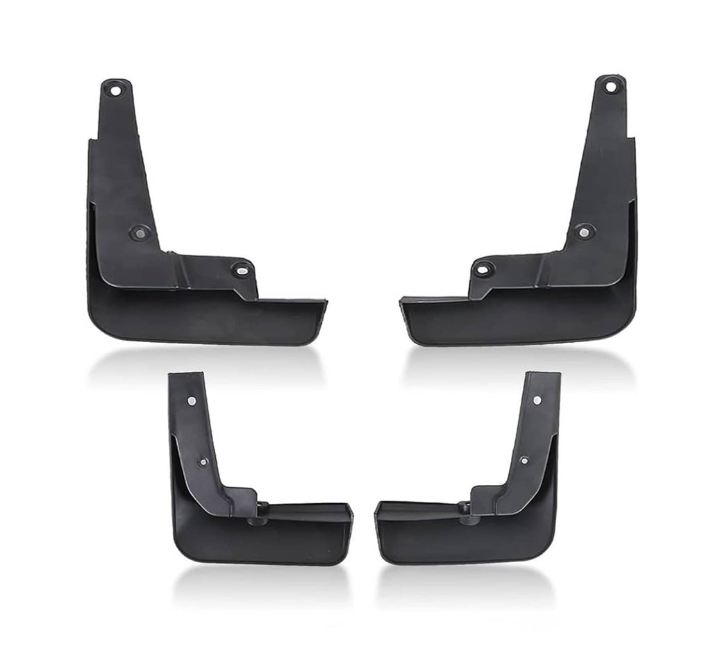 Black front and rear mud flap mudguard set with mounting holes, 4-piece coverage.