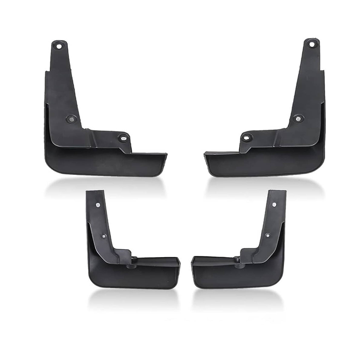 Black front and rear mud flap mudguard set with mounting holes, 4-piece coverage.