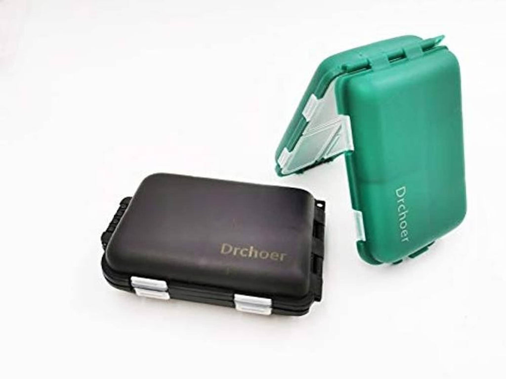Green and black hard tackle boxes with hinged lids and snap latches, compact storage case