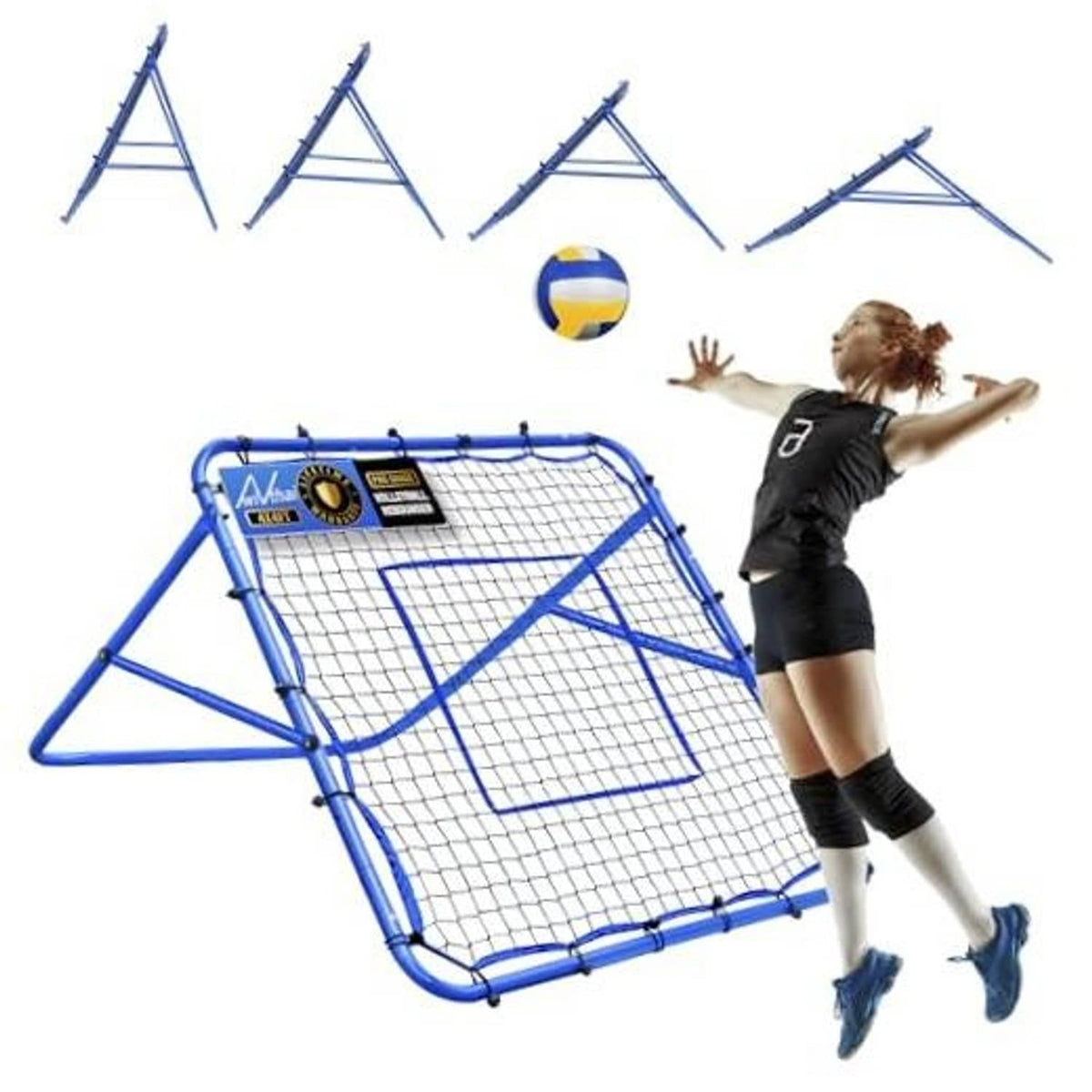 Blue multi-sport rebounder training net with square targets and curved frame, plus player.
