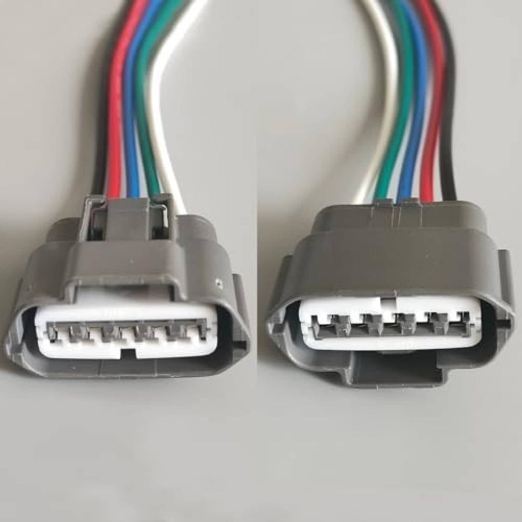 Fuel pump harness connector pair with gray 5-pin housings and colored wire leads