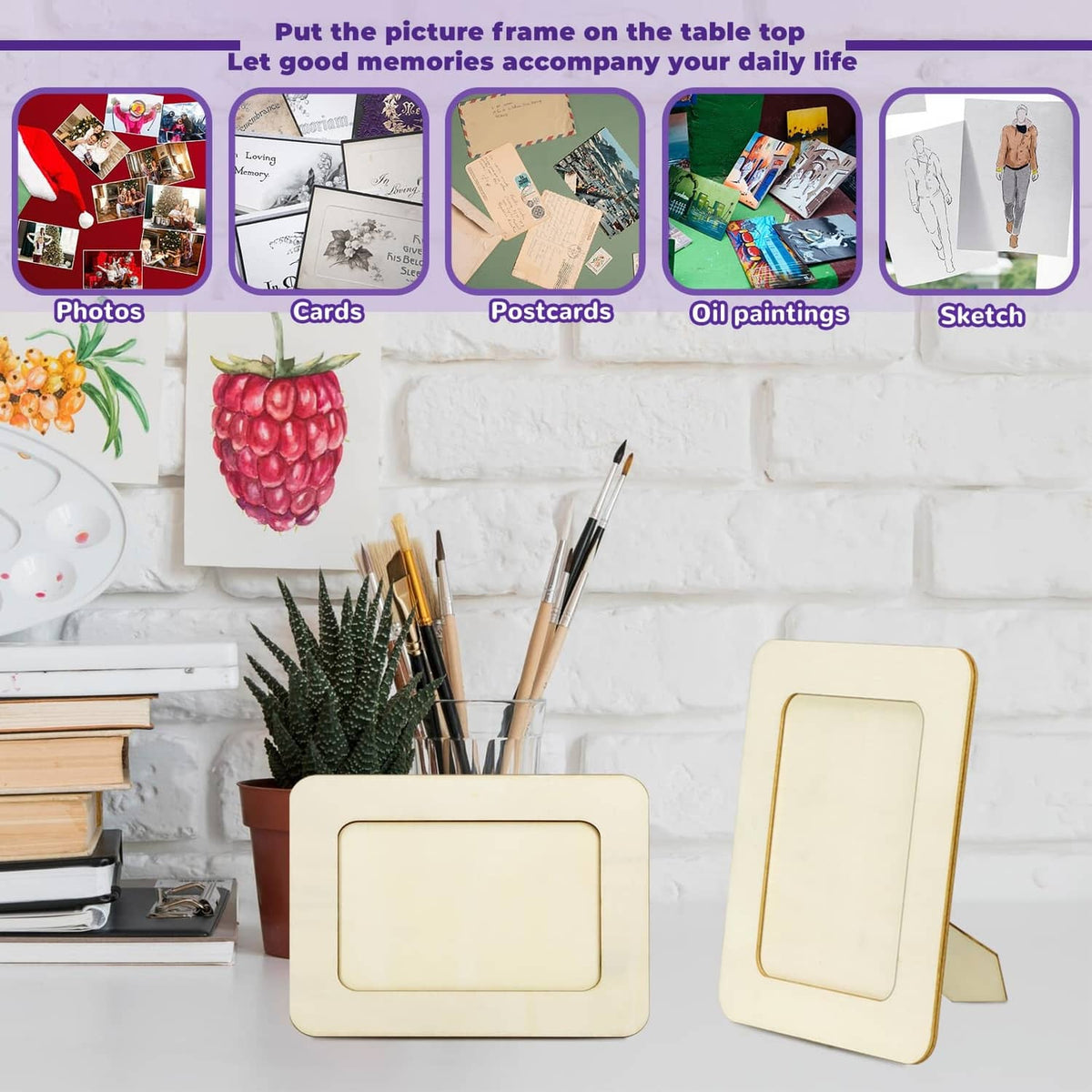 Rectangular light wood picture frames for photos, cards, postcards, and sketches