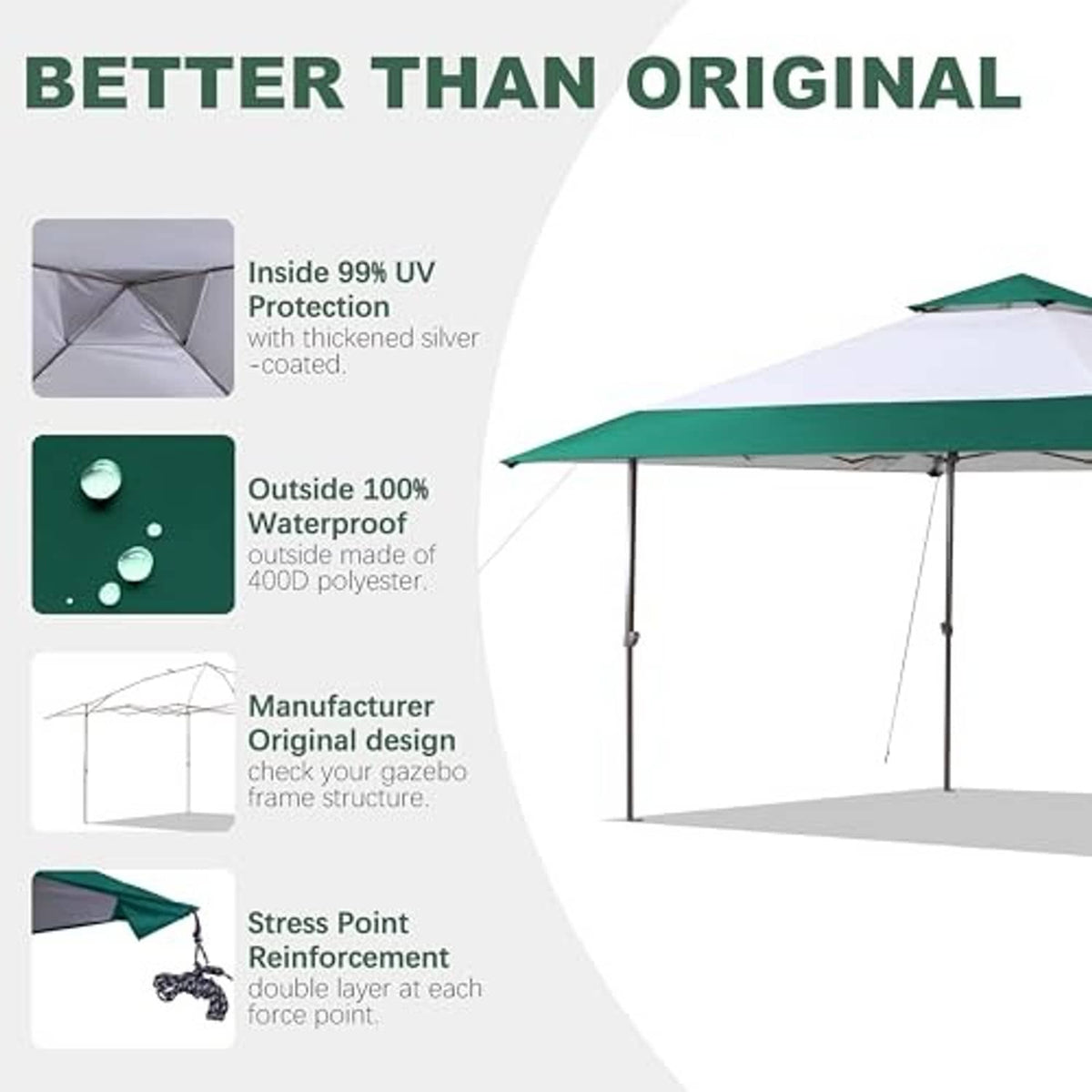 Forest green and white canopy replacement top with air vent on the roof panel