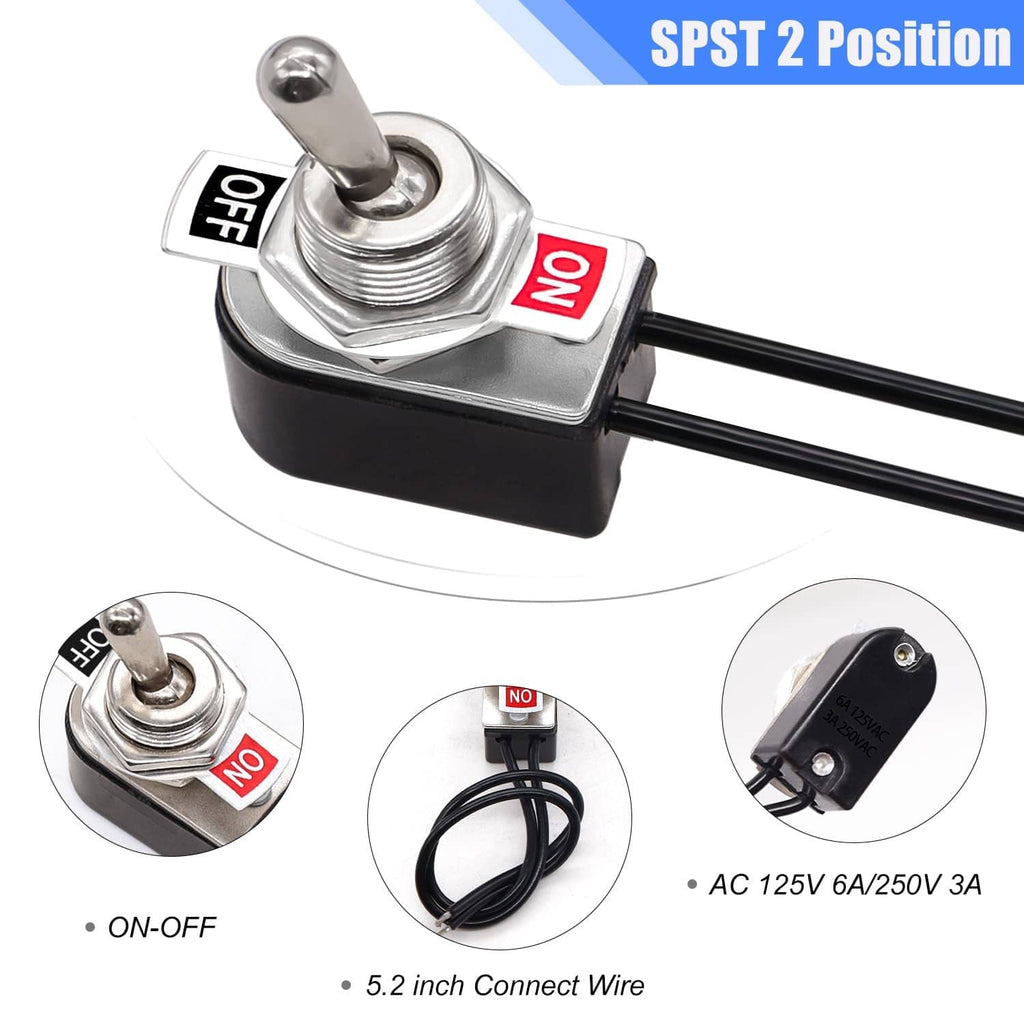 SPST 2-position on/off toggle switch with NO label and black wiring pigtails