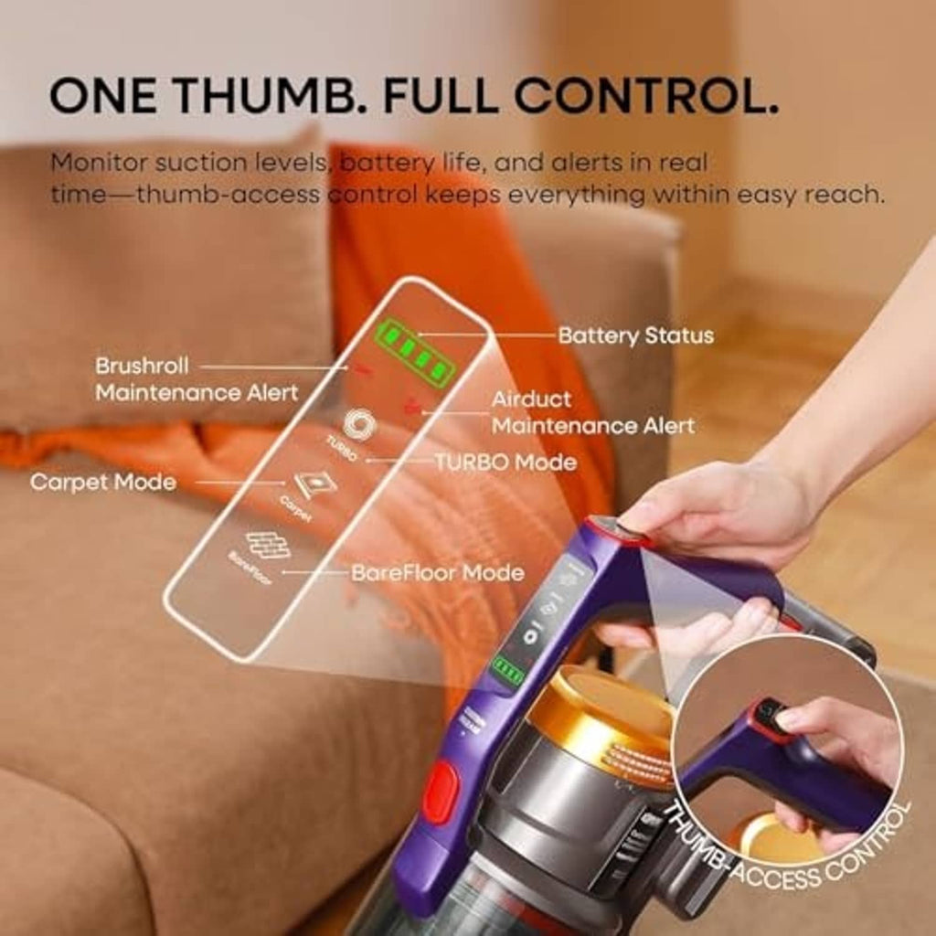 Cordless stick vacuum cleaner with thumb-access control on the purple handle