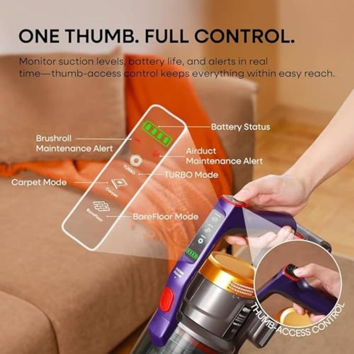 Cordless stick vacuum cleaner with thumb-access control on the purple handle