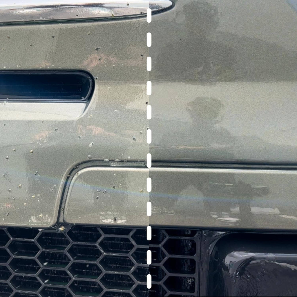 3D bug remover cleaner spray bottle over a car grille with bug spots