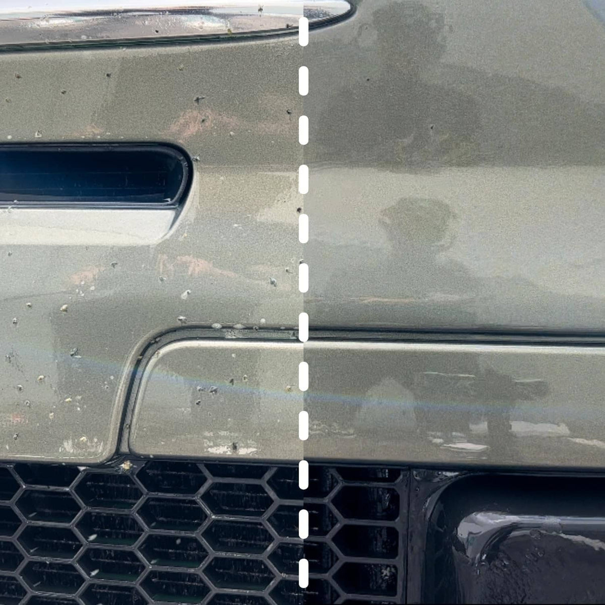 3D bug remover cleaner spray bottle over a car grille with bug spots