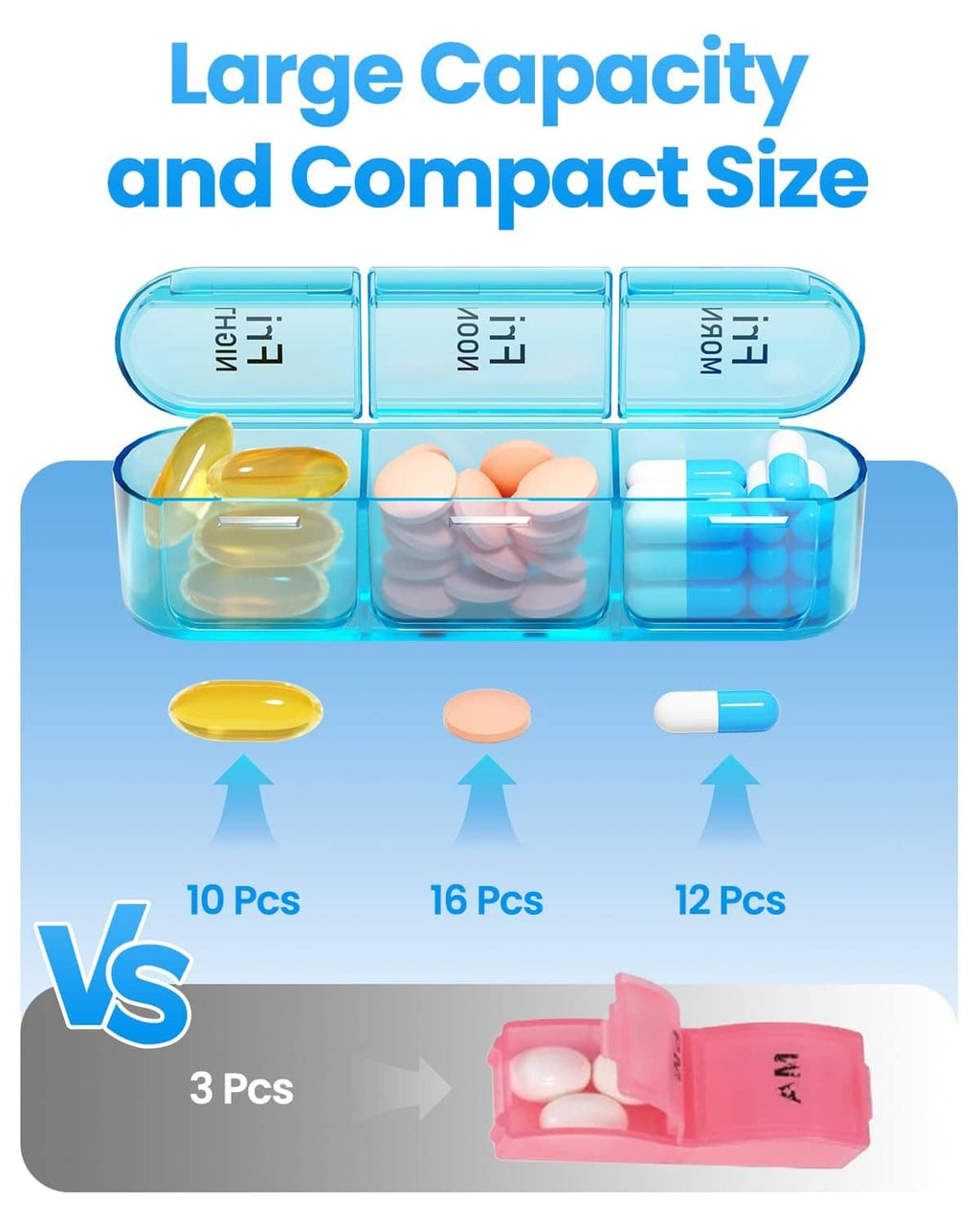 Blue weekly pill organizer with hinged top and separate day slots